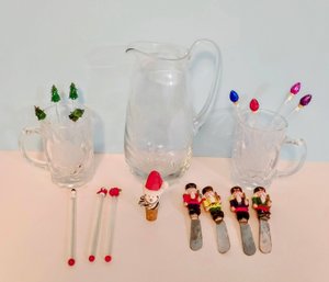 Cute Grouping Of Glass Pitcher, Mugs And Christmas Knives And Stirrers