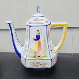 French Hand Painted Pottery Henriot Quimper Mistral Blue Collection Coffee Or Tea Pot With Breton Woman