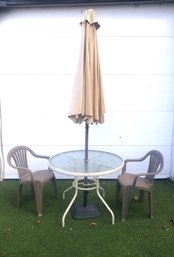 Small Round Patio Table With Two Chairs, Umbrella & Stand