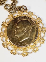 Unique Gold Tone Necklace With 1972 Gold Plated Eisenhower Dollar