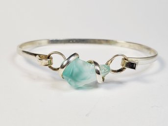 Hand Made Silver Tone Light Aqua Colored Stone Clasp Bangle Bracelet