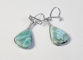 Hand Made Silver Tone Light Aqua Colored Stone Earrings