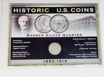 1914 Barber Silver Quarter With History And Info Card