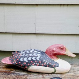 Vintage Hand Painted And Hand Carved Wooden Mallard? Duck With Red Head