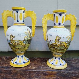 Two Ceramic Vintage Hunting Scene Vases (Maybe Majolica From Spain?)