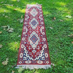 Red Vintage Tribal Runner Rug In Bright Red And Navy Blue And White