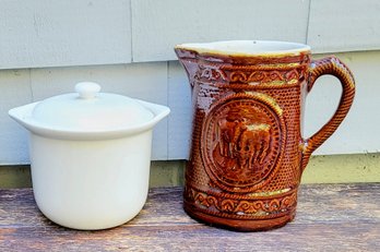 Antique /Vintage Stoneware Cows Milk Water Picher In Brown Glaze With Hall Ceramic Lidded Pot By Hall And Co.