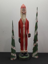 Wood Carved Santa And Pine Trees Christmas Lot #12