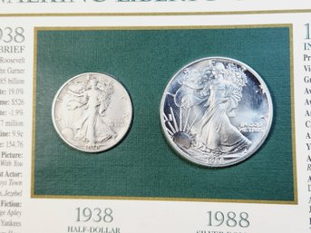 50 Years Of Coinage 1938 Walking Liberty Half Dollar & 1988 Eagle Silver Dollar With Info An History Card