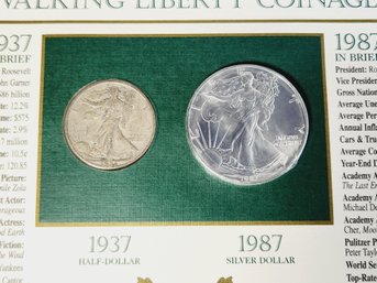 50 Years Of Coinage 1937 Walking Liberty Half Dollar & 1987 Eagle Silver Dollar With Info An History Card