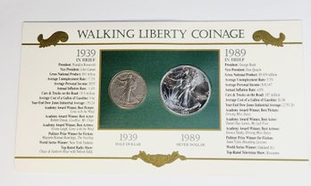 50 Years Of Coinage 1939 Walking Liberty Half Dollar & 1989 Eagle Silver Dollar With Info An History Card