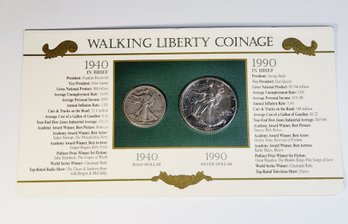 50 Years Of Coinage 1940  Walking Liberty Half Dollar & 1990 Eagle Silver Dollar With Info An History Card