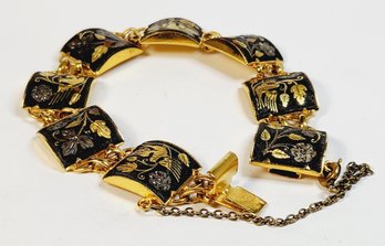 Beautiful Vintage  'TOLEDO WORK' Black And Gold Tone Hinged Bangle Bracelet