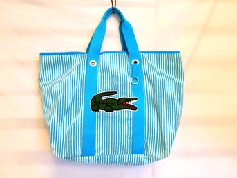 Lacoste Logo Summer Blue/white Striped Canvas Tote Bag With Wristlet