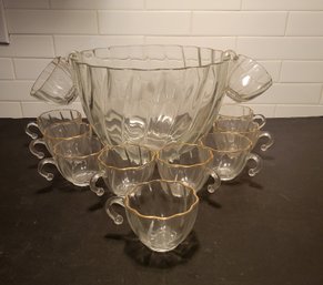 Mid Century Gold Rimmed Punch Bowl With 12 Glasses. - - - - -- - - - - - - -- -- - - - - - - - - Loc: FH