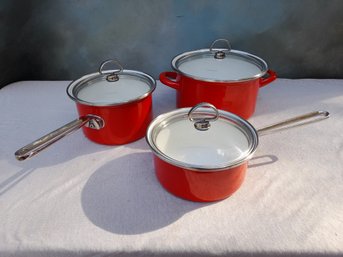 Red And White Enameled Pots Lot Stamped S