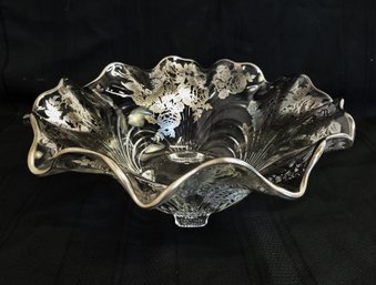 Vintage Cambridge Ruffled Footed Centerpiece Bowl With Beautiful Silver Overlay Flowers