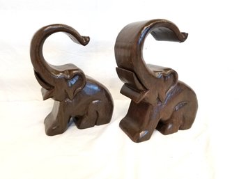 Pair Of Beautiful Vintage Carved Wood Elephant Bookends