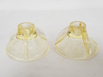 Pair Vintage Yellow Hazel Atlas Florentine #2 Poppy Depression Glass Candle Holders