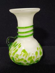 Czech Art Glass Bud Vase Opulescent Lime Green Spatter With Glass Piping Accents