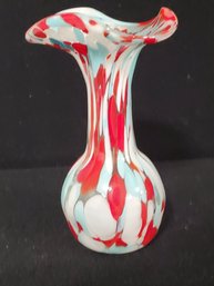 Small Spatter Glass Ruddled Top Vase Hand Blown 6.25'