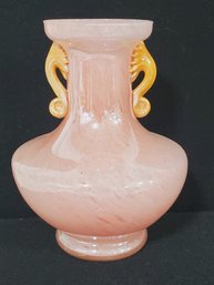 Vintage  IARTE MURANO Creazioni Silvestri Talian Pale Pink Spatter Art Glass Vase With Applied Reeded Handles