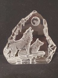 Crystal Etched Howling Wolves Sculpture Paperweight