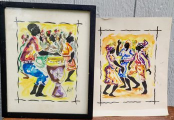Two Watercolors Of People Dancing, Signed Thony From The Dominican Republic