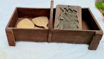 Primitive German Cookie Mold, A Pair Of Butter Spreaders And Vintage Wooden Basket