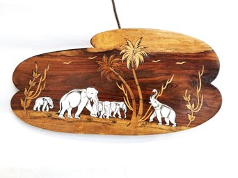 Vintage Oval Wood & Bone Marquetry Inlay Elephants Wall Plaque India