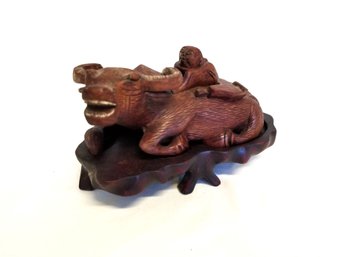 Vintage Chinese Carved Wood Water Buffalo & Rider Sculpture