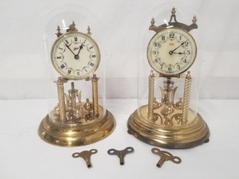 Vintage Kundo & Schatz Brass With Glass Domes Mantle Clocks With Keys