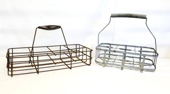 Antique Farmhouse Metal Milk Bottle Carriers With Coil Handles