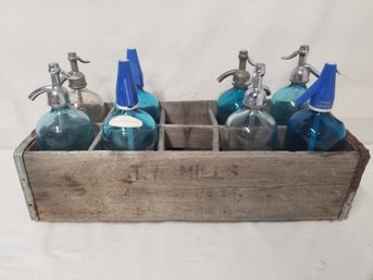 Eight Vintage Seltzer Blue & Clear Bottles With Wood T.A. Miles Crate