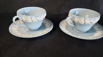 WEDEGEWOOD BLUE JASPERWARE 2 CUPS AND SAUCER