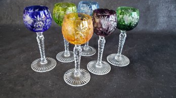 LARGE LOT OF EUROPEAN MULTICOLOR CRYSTAL WINE AND CORDIAL GLASSES