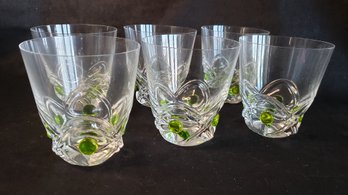 LALIQUE FRENCH CRYSTAL FLORIDE GREEN DOT OLD FASHIONED GLASSES