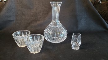 WATERFORD CRYSTAL LOT OF 4 PIECES- WINE DECANTER AND MISC CUPS/SHOT GLASS