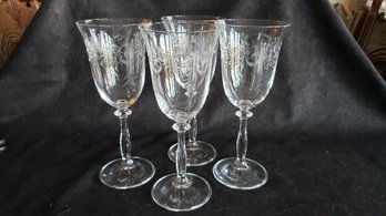 4 CRYSTAL WINE GLASSES FRENCH SCROLL DESIGN MOTIF