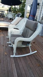 Pair White Resin Wicker Rocking Chairs With Seat Pads