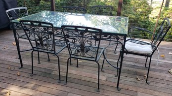 Vintage Wrought Iron Table With Glass Top And Matching Chairs (6) With Pads