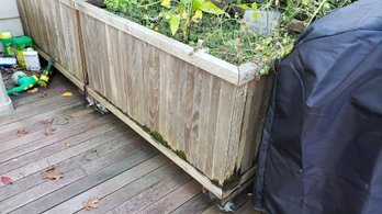 2 TEAK ELEVATED GARDEN BOXES ON WHEELS