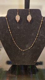 Fossil Gemstone Oval Earrings And Gold Tone Necklace