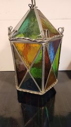 Vintage Stain Glass And Lead Hanging Lantern