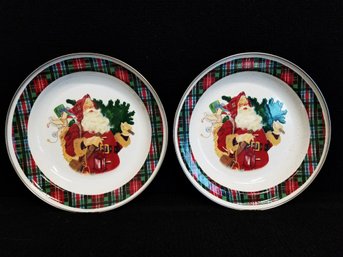 Pair Of Cute Hallmark Mitford Plaid Santa Speckled Enamel 10.5' Plates By Jan Karon