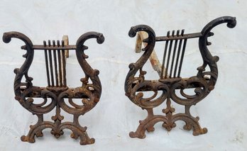Antique Regency Style Andirons With Harpshape Scrolls- Very Rare