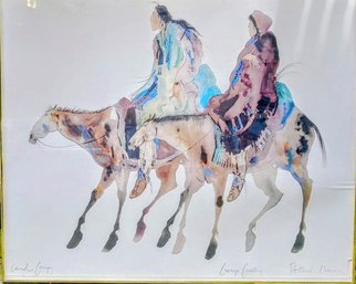 Lithograph By Carol Grigg, Well Known Cherokee Artist Dated 1943 Of Cherokee Indians On Horse