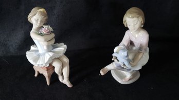 LLADRO 2 SMALL FIGURINES: BALLERINA AND GIRL WITH TEDDY BEAR