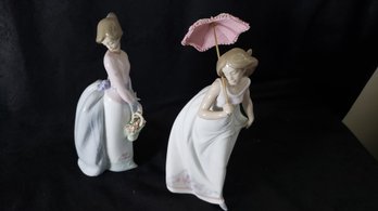 LLADRO FIGURINES LOT OF 2 GIRLS WITH UMBRELLA AND FLOWERS