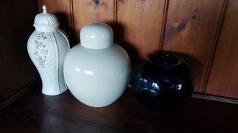 BELLEEK GINGER JAR AND 2 OTHER DECORATIVE PIECES